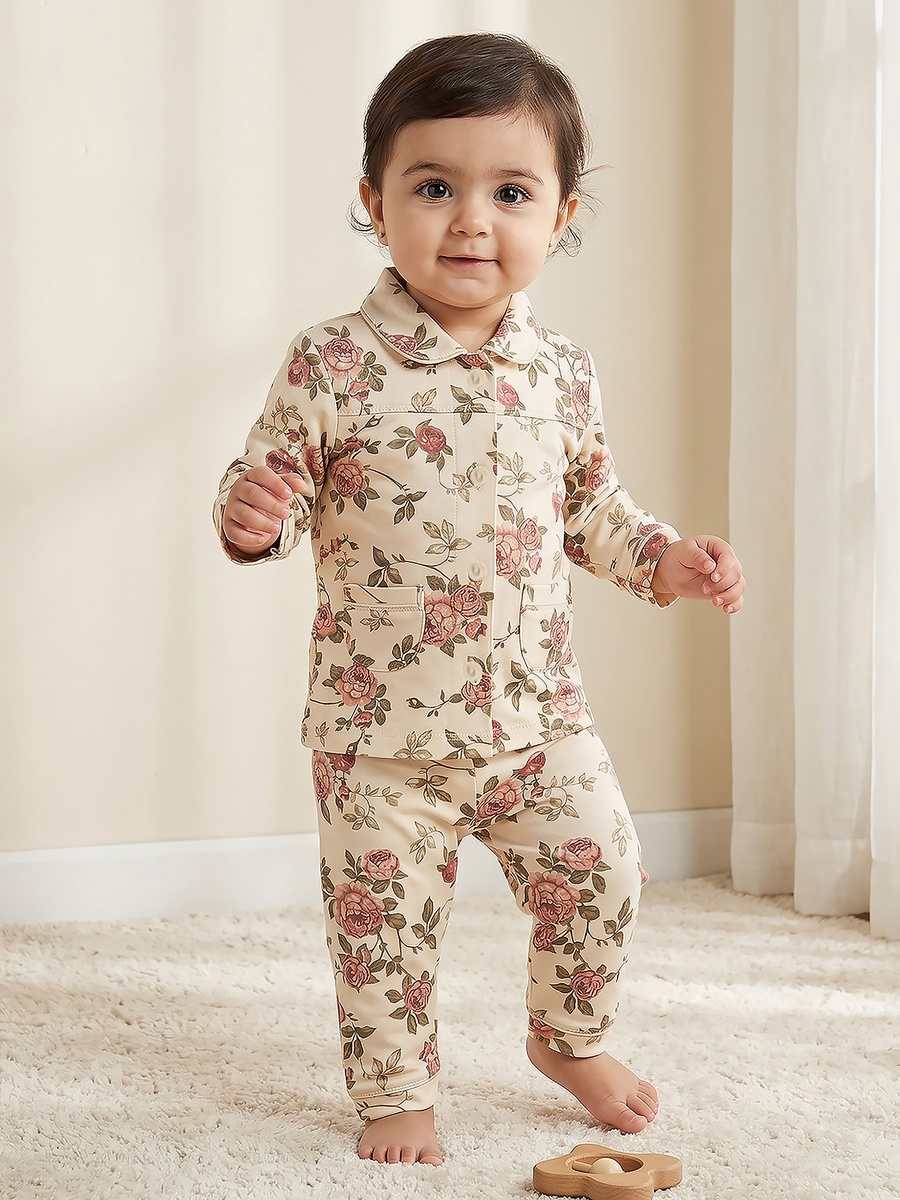Cotton Collared Long Sleeves Pyjama Set with Floral Print