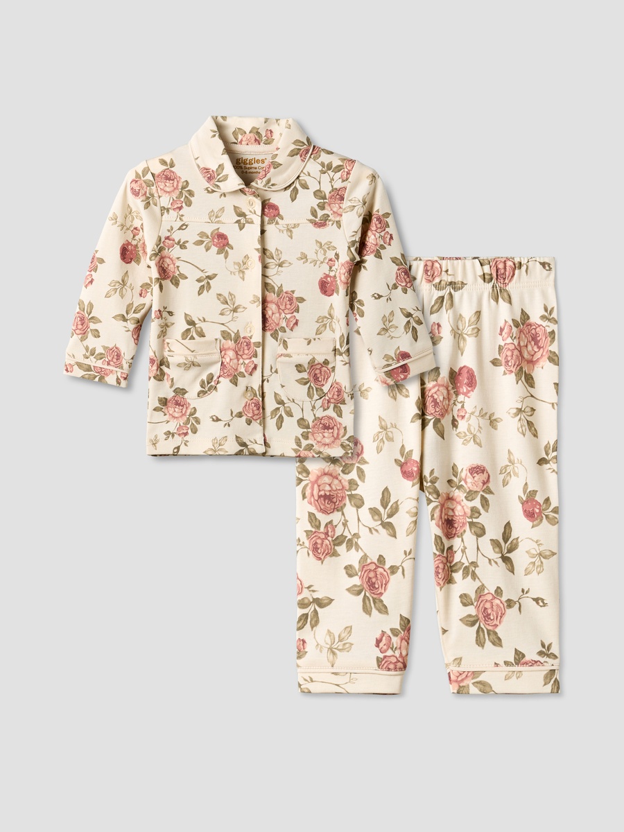 Cotton Collared Long Sleeves Pyjama Set with Floral Print