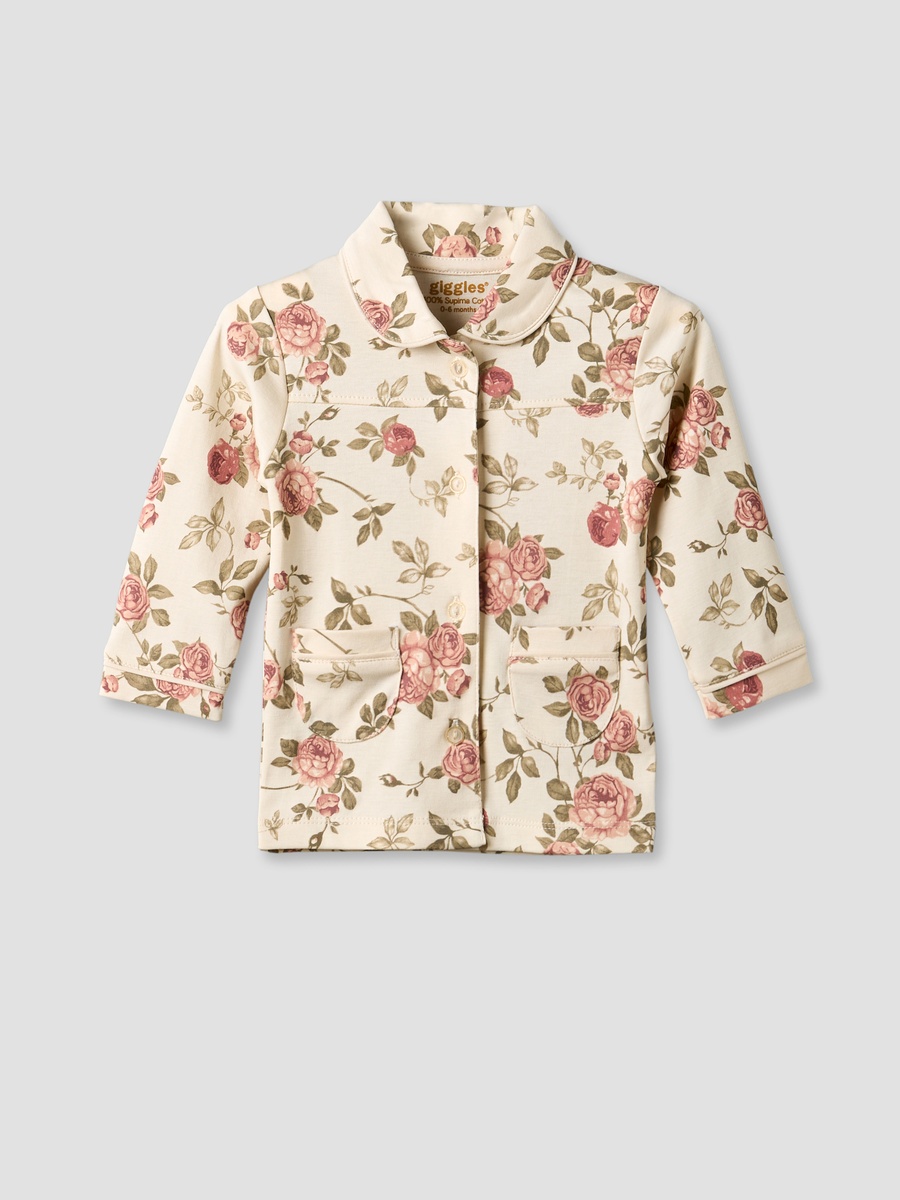 Cotton Collared Long Sleeves Pyjama Set with Floral Print