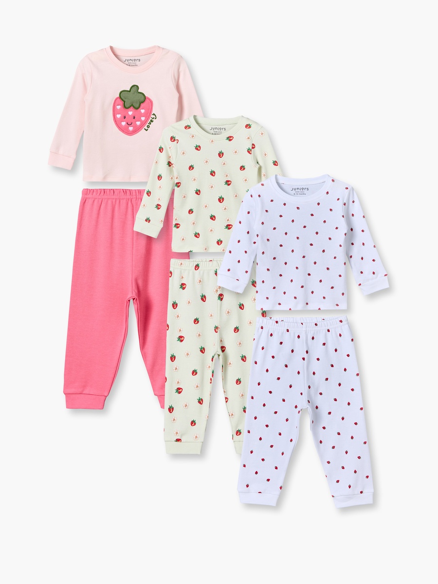Pack of 3 Cotton Round Neck Long Sleeves Pyjama Set with Strawberry Print