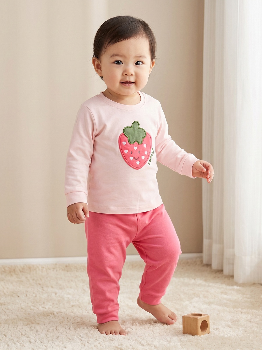 Pack of 3 Cotton Round Neck Long Sleeves Pyjama Set with Strawberry Print