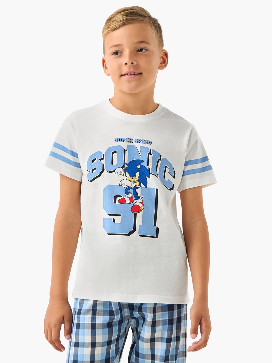 Cotton Crew Neck Short Sleeves Pyjama Set with Sonic the Hedgehog Print
