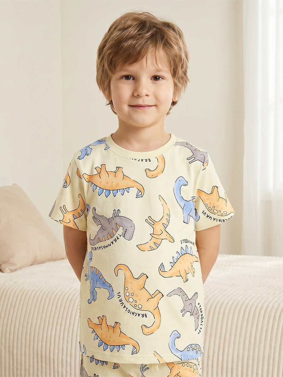 Cotton Crew Neck Short Sleeves Pyjama Set with Dinosaur Print