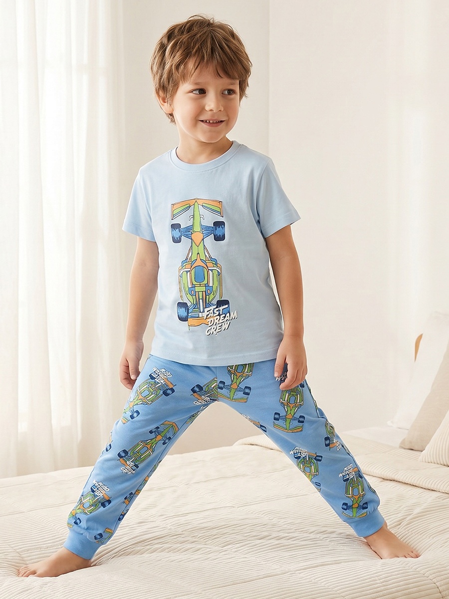 Cotton Crew Neck Short Sleeves Pyjama Set with Racing Car Print