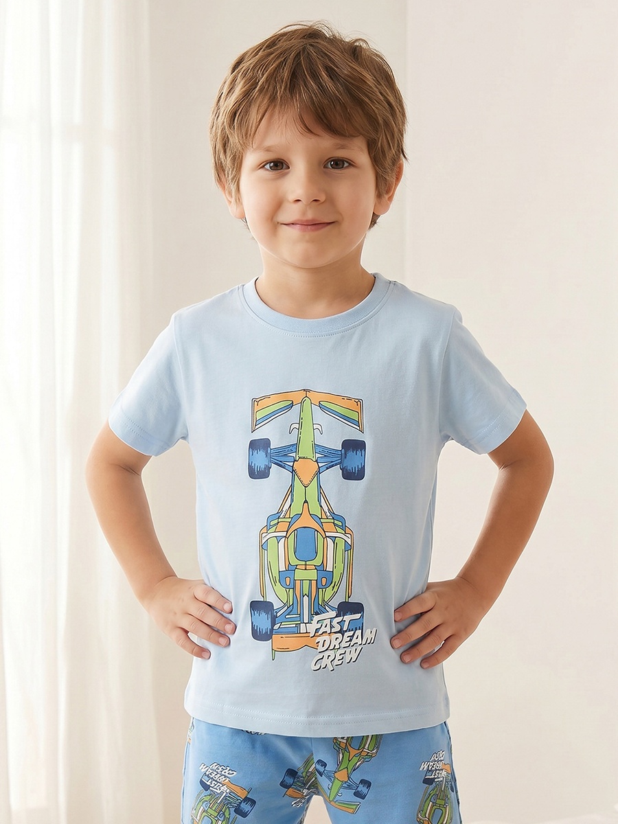 Cotton Crew Neck Short Sleeves Pyjama Set with Racing Car Print