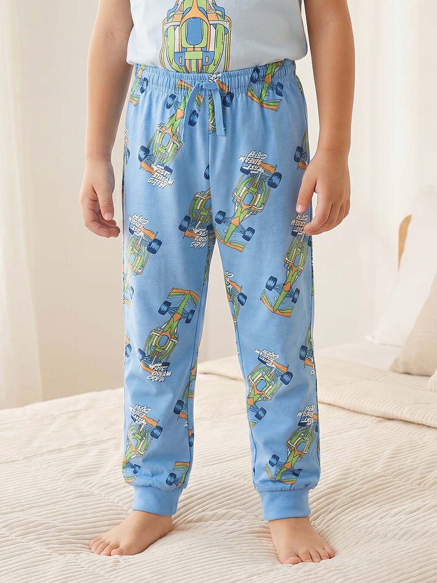 Cotton Crew Neck Short Sleeves Pyjama Set with Racing Car Print