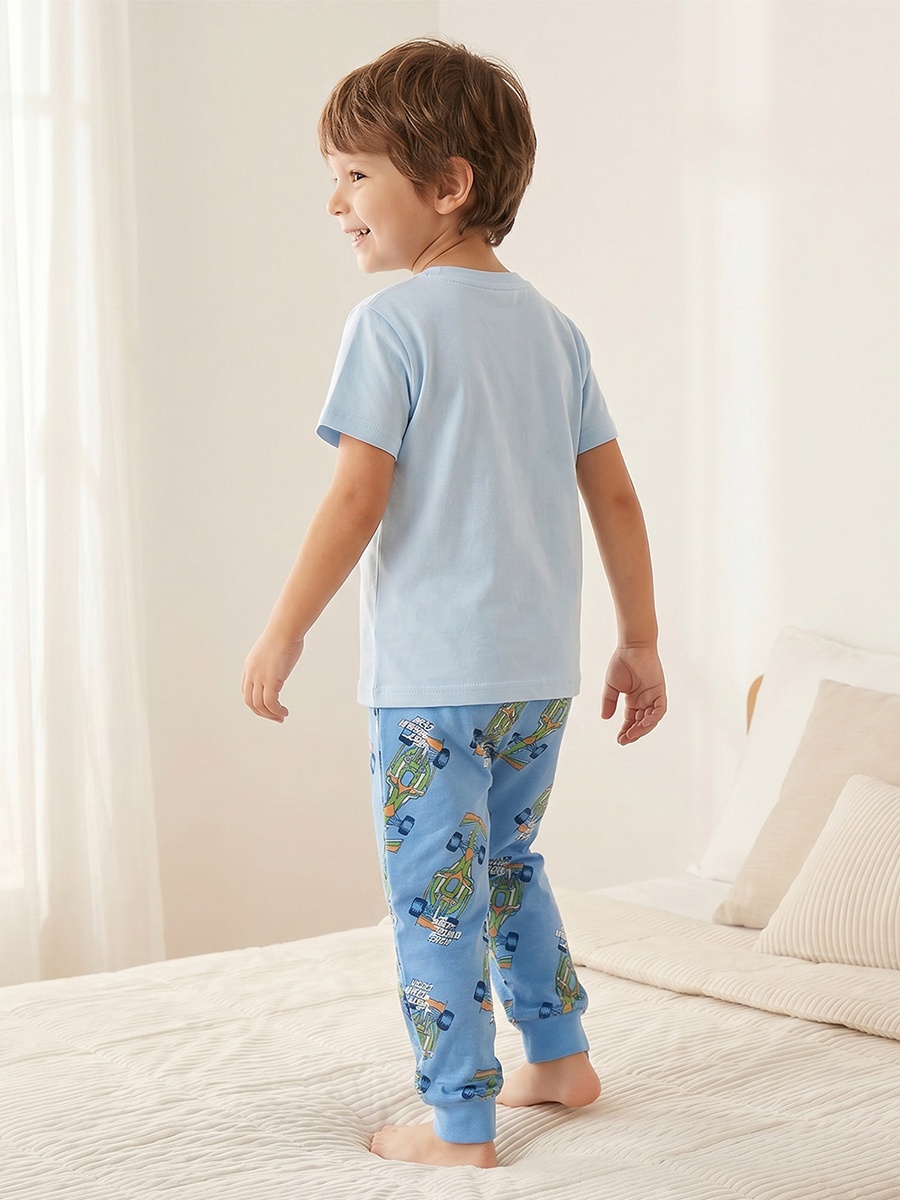 Cotton Crew Neck Short Sleeves Pyjama Set with Racing Car Print