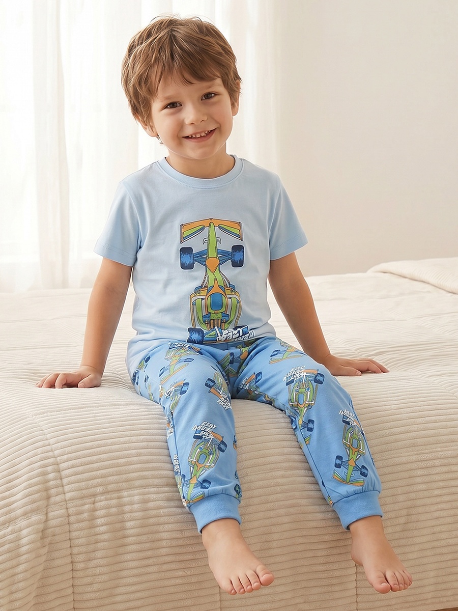 Cotton Crew Neck Short Sleeves Pyjama Set with Racing Car Print