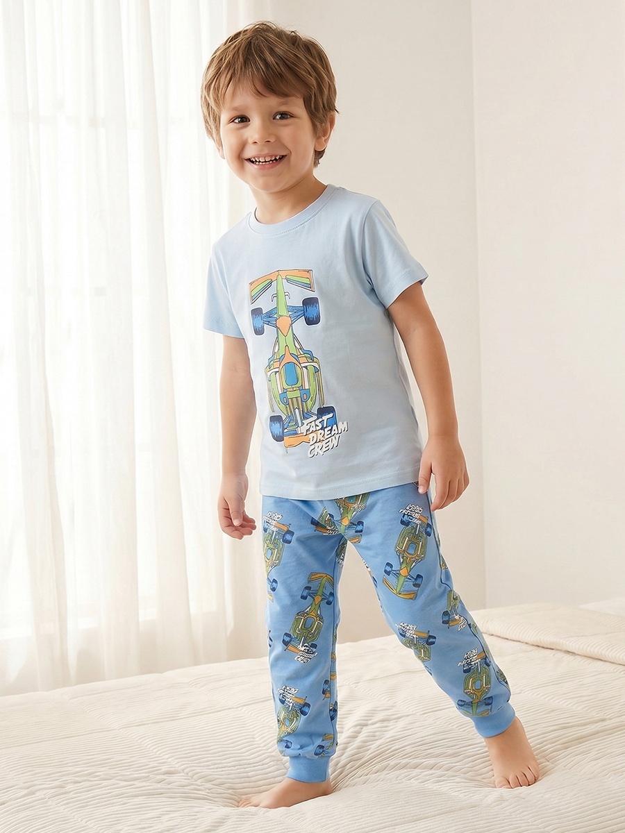 Cotton Crew Neck Short Sleeves Pyjama Set with Racing Car Print