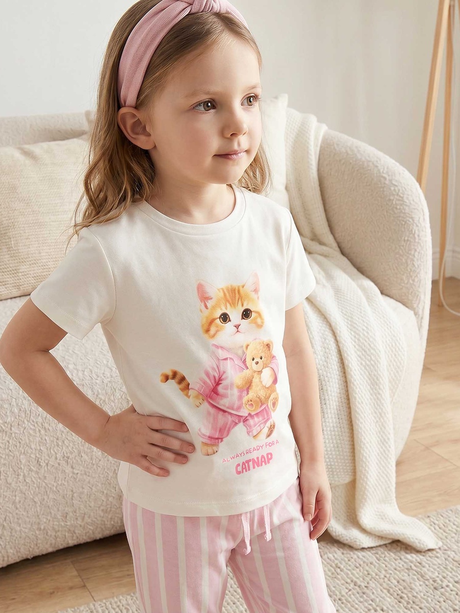 Cotton Crew Neck Short Sleeves Pyjama Set with Cat Print
