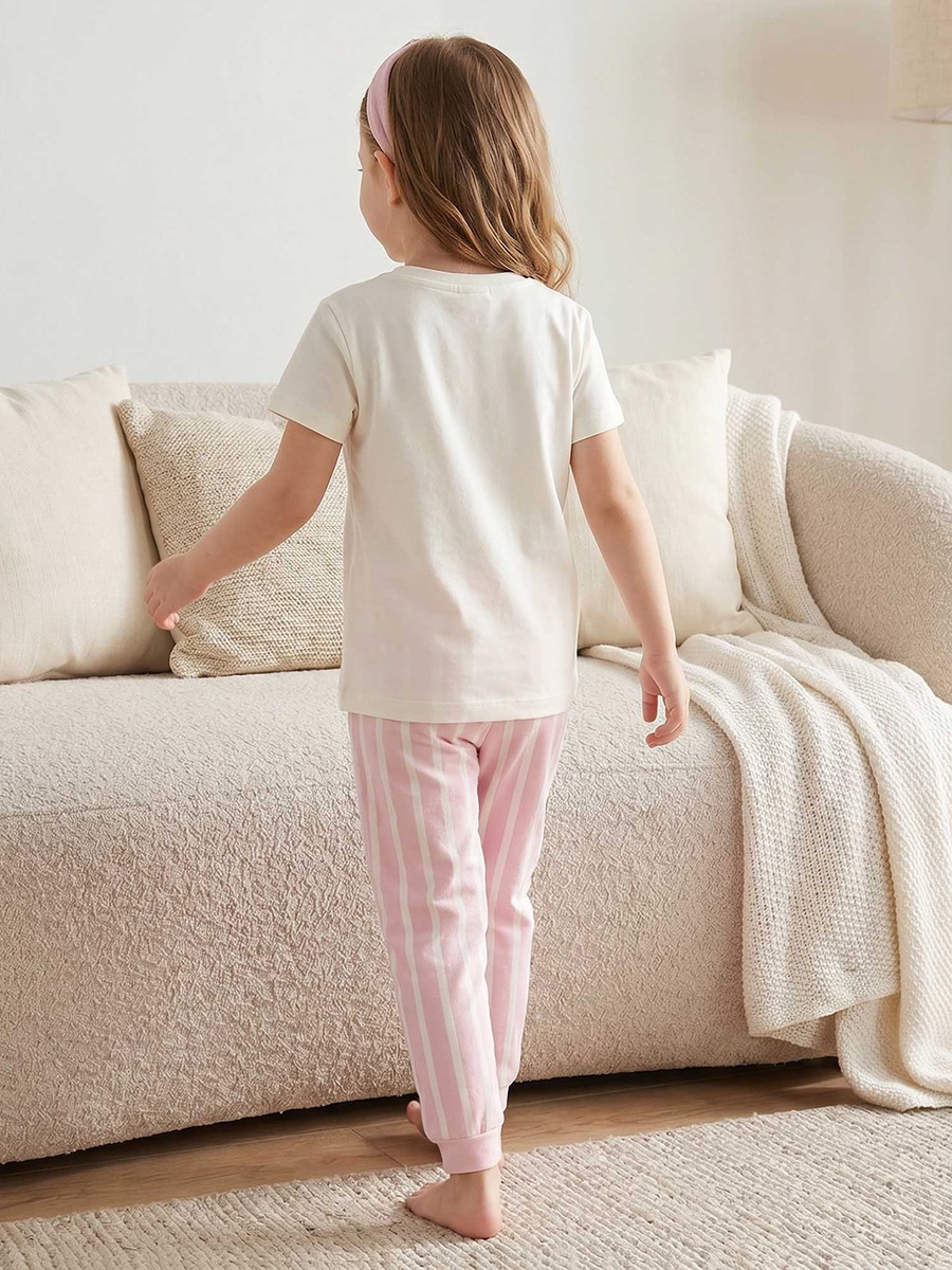 Cotton Crew Neck Short Sleeves Pyjama Set with Cat Print