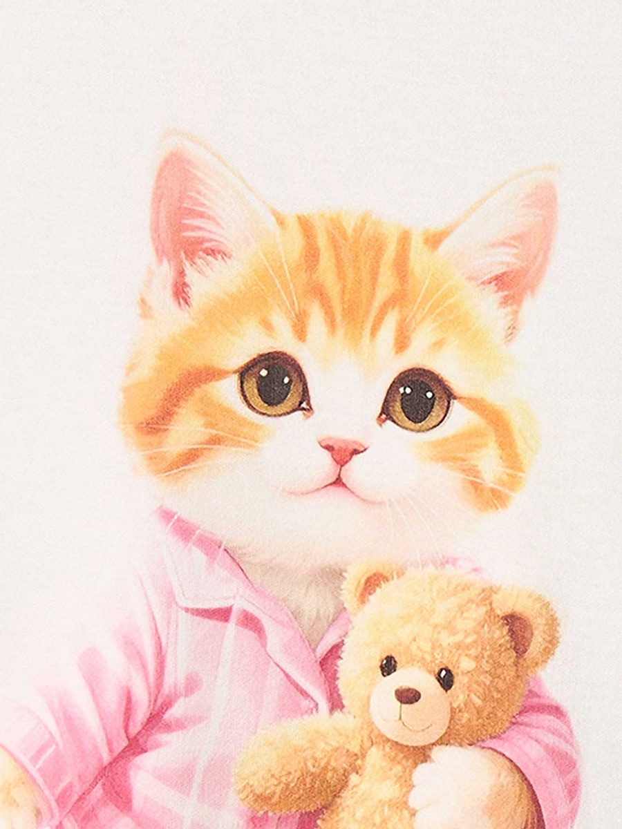 Cotton Crew Neck Short Sleeves Pyjama Set with Cat Print