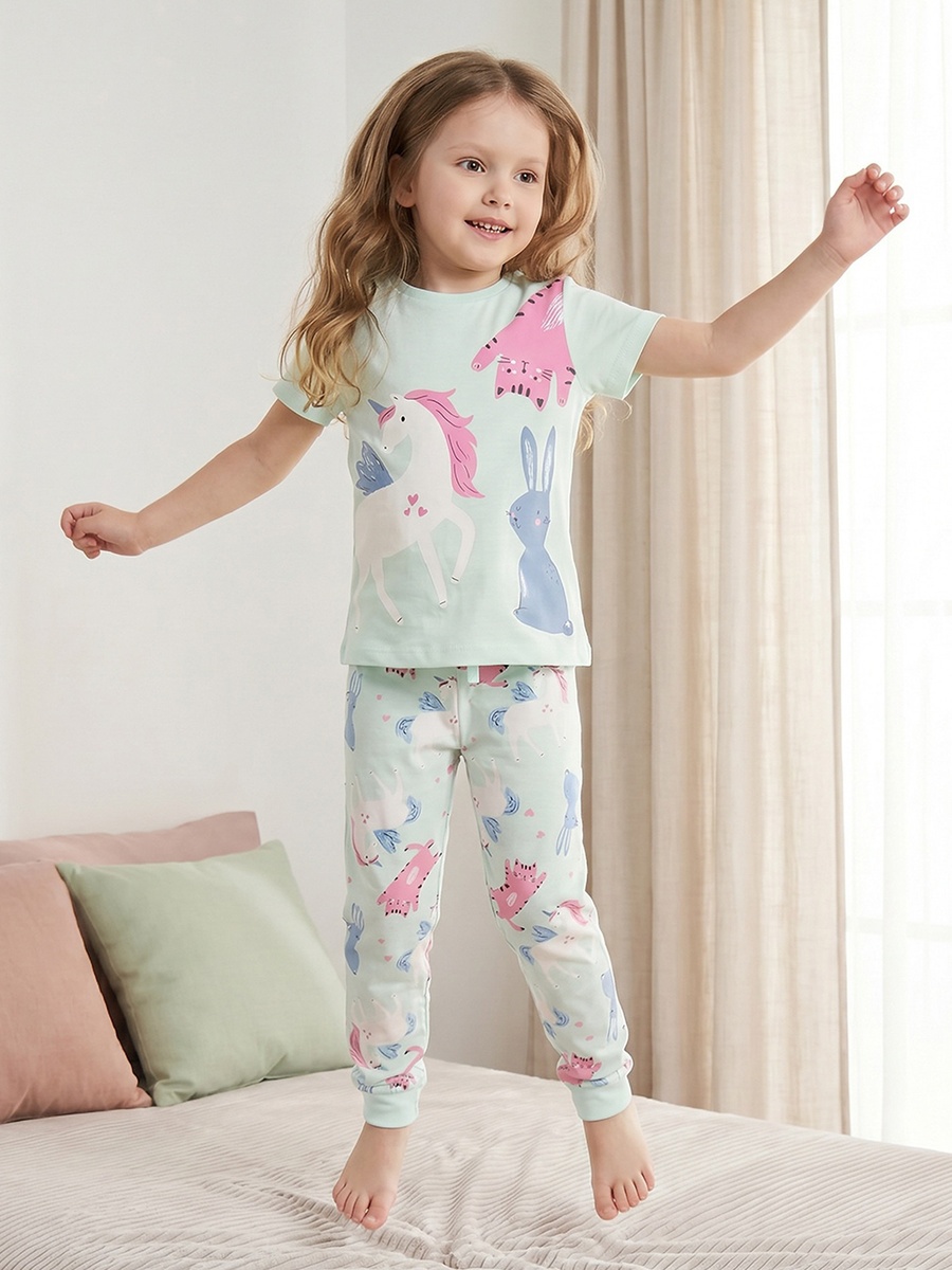 Cotton Crew Neck Short Sleeves Pyjama Set with Cat Print