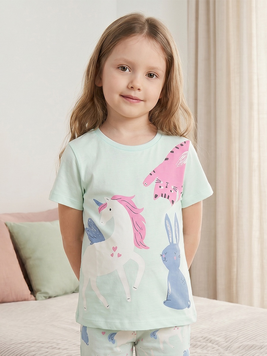 Cotton Crew Neck Short Sleeves Pyjama Set with Cat Print