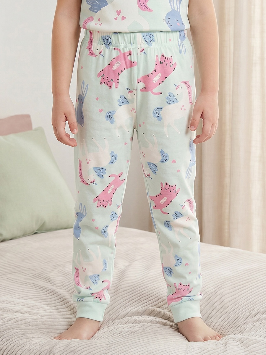 Cotton Crew Neck Short Sleeves Pyjama Set with Cat Print