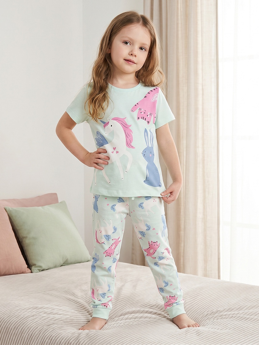Cotton Crew Neck Short Sleeves Pyjama Set with Cat Print