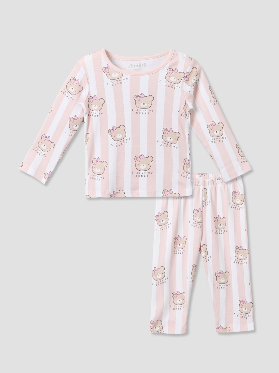 Cotton Crew Neck Long Sleeves Pyjama Set with Bear Print