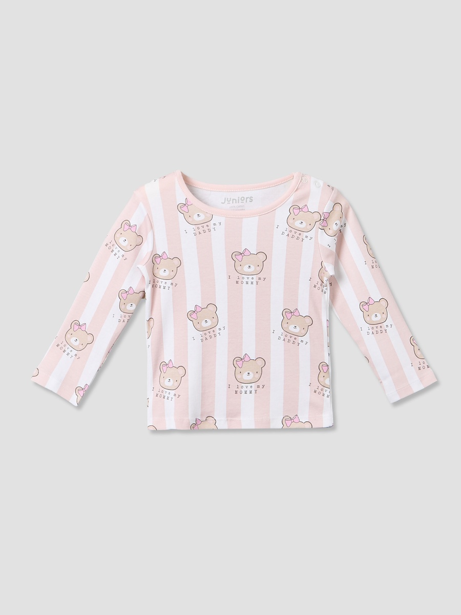 Cotton Crew Neck Long Sleeves Pyjama Set with Bear Print