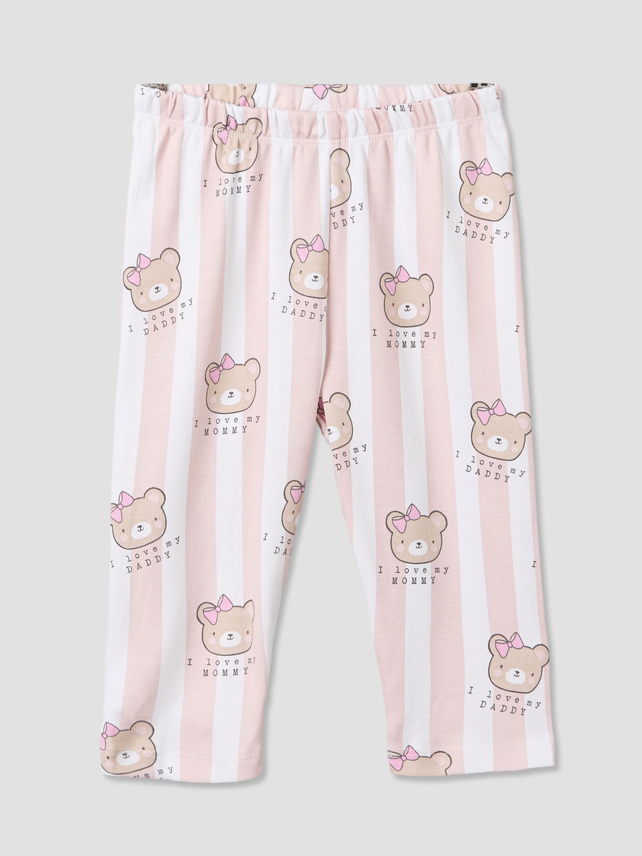 Cotton Crew Neck Long Sleeves Pyjama Set with Bear Print
