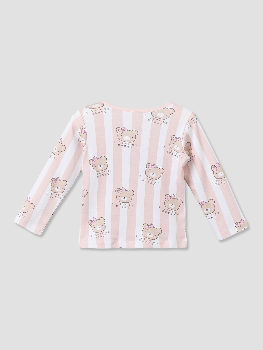 Cotton Crew Neck Long Sleeves Pyjama Set with Bear Print
