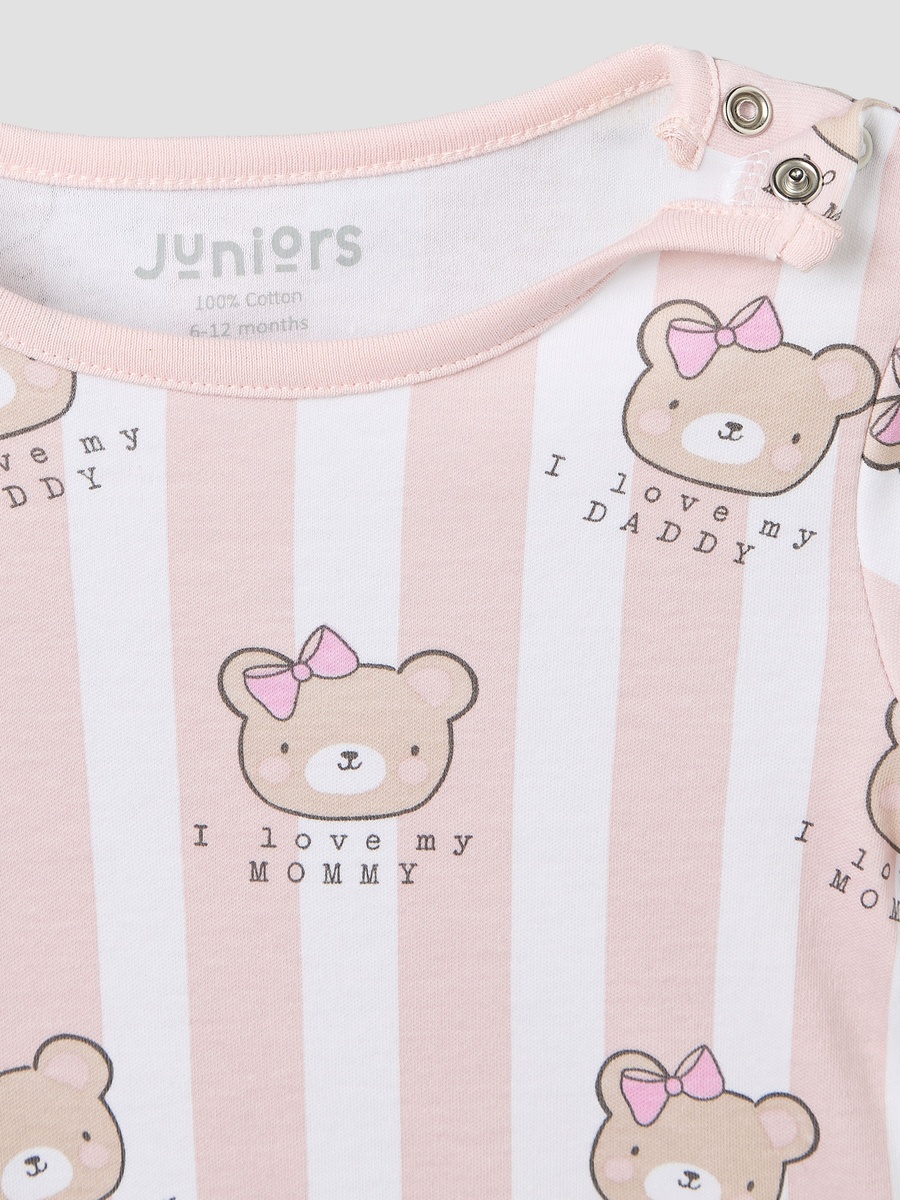 Cotton Crew Neck Long Sleeves Pyjama Set with Bear Print