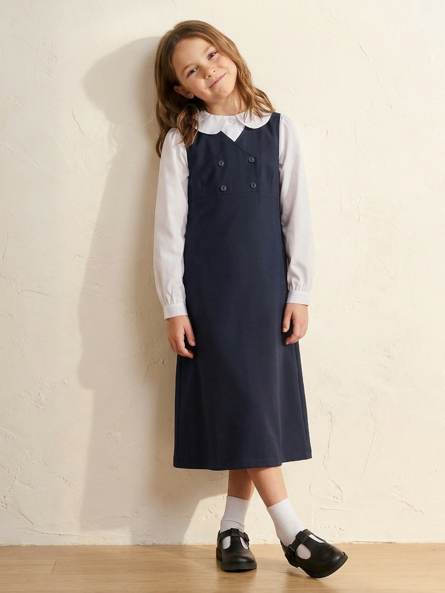 Solid V-Neck Pinafore with Button Detail