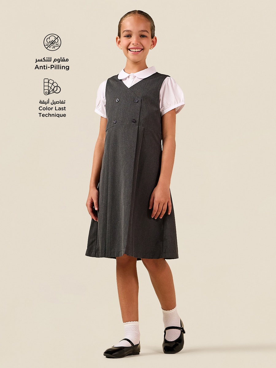 Solid Pinafore Dress with Button Detail