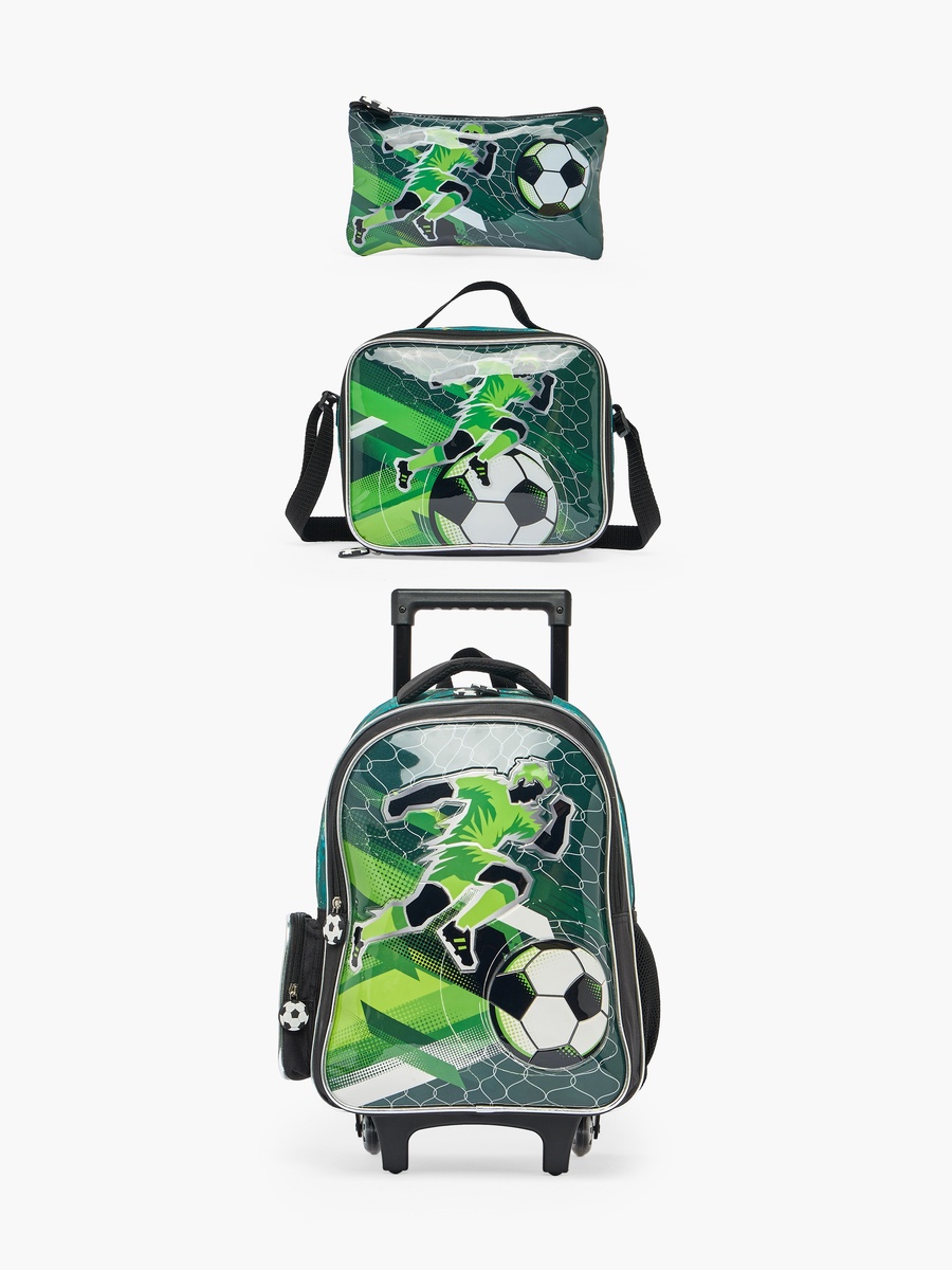 Football 3-Piece School Trolley Bag Set with Pencil Pouch - 16 inches