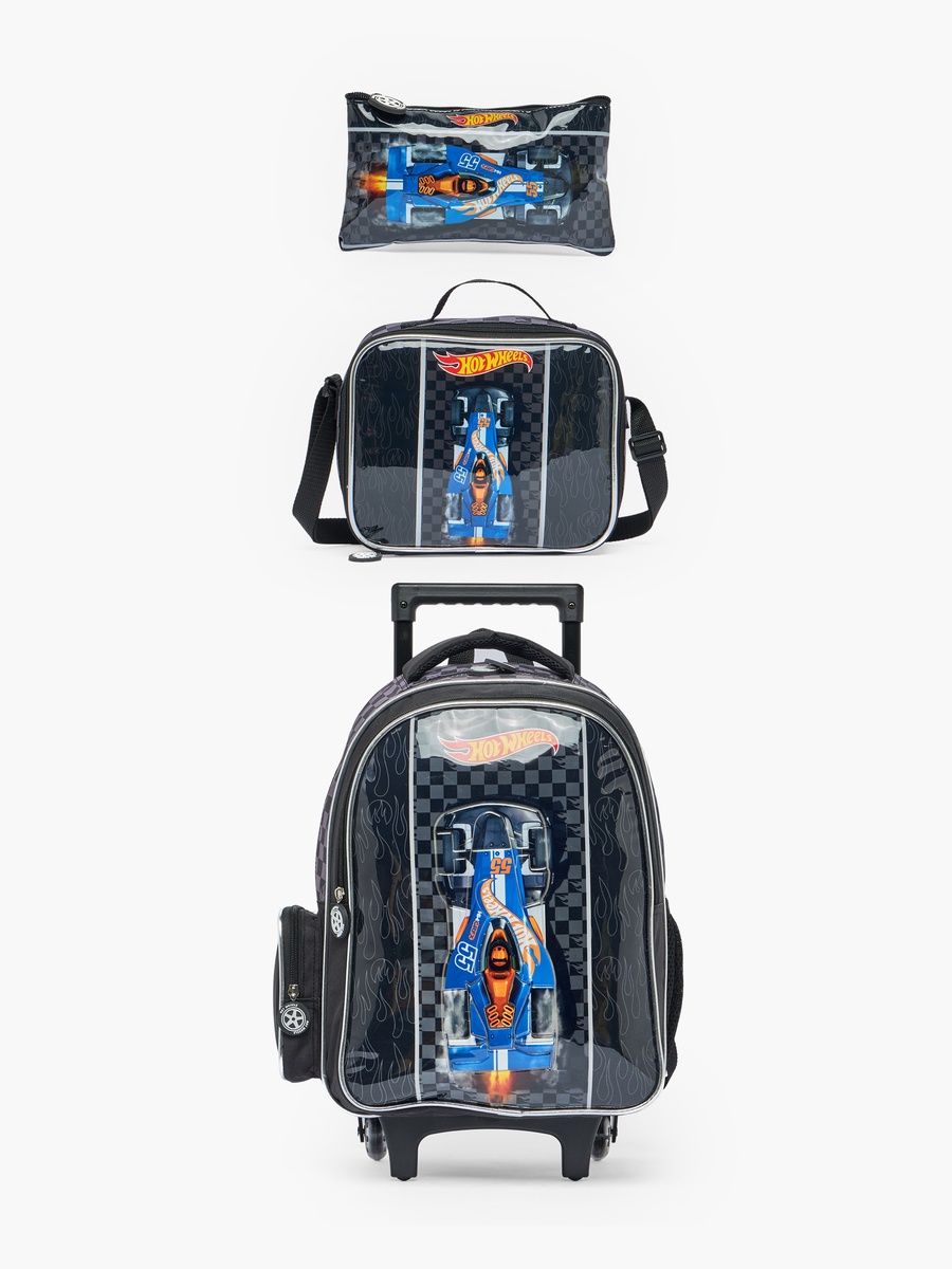 Hot Wheels 3-Piece School Trolley Bag Set with Lunch Bag - 16 inches