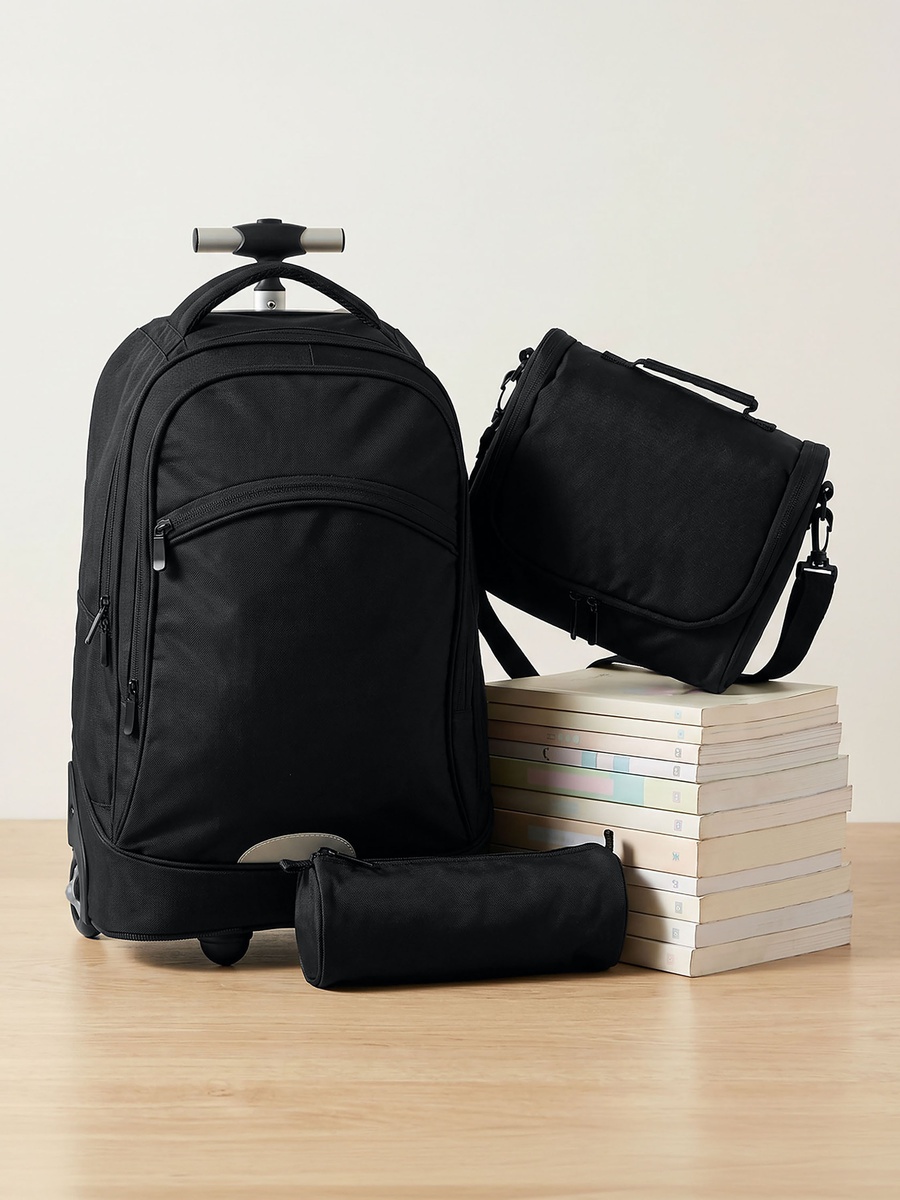 Solid 3-Piece School Trolley Bag Set with Lunch Bag - 18 inches