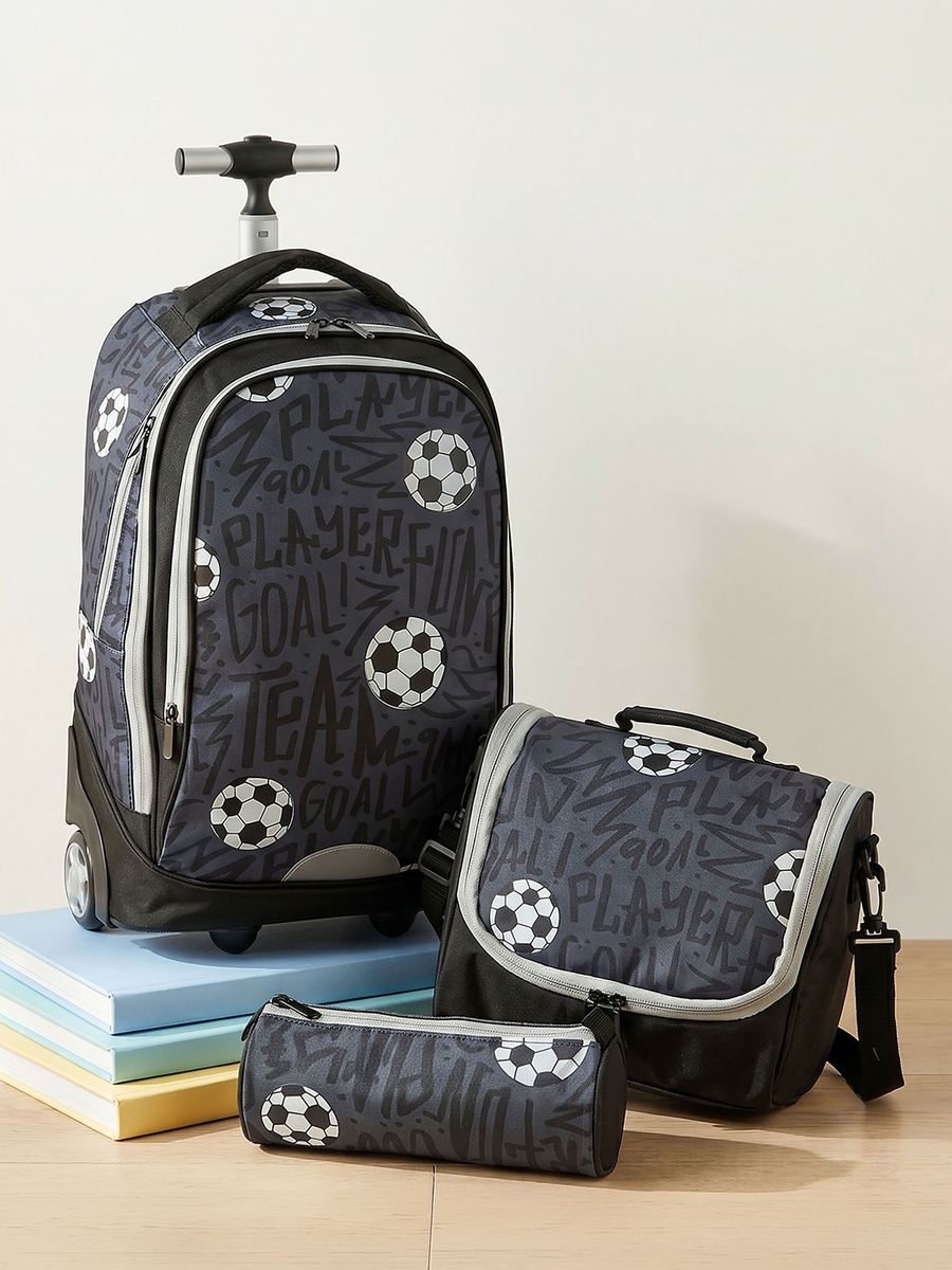 Football 3-Piece School Trolley Bag Set with Lunch Bag - 18 inches