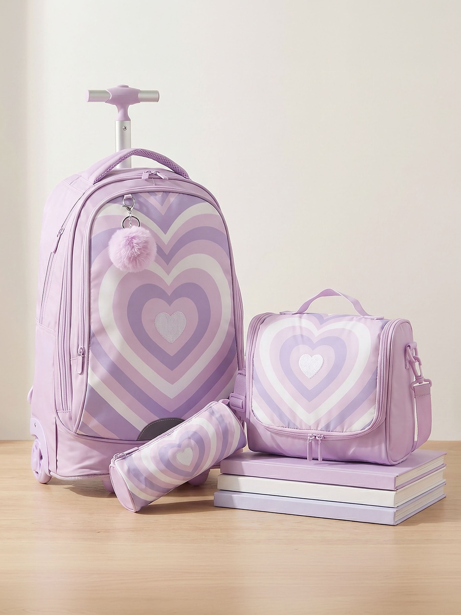 Heart Print 3-Piece School Trolley Bag Set with Lunch Bag - 18 inches