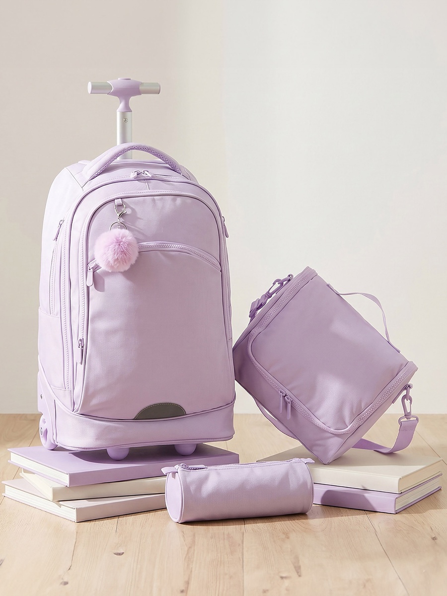 Solid 3-Piece School Trolley Bag Set with Lunch Bag - 18 inches