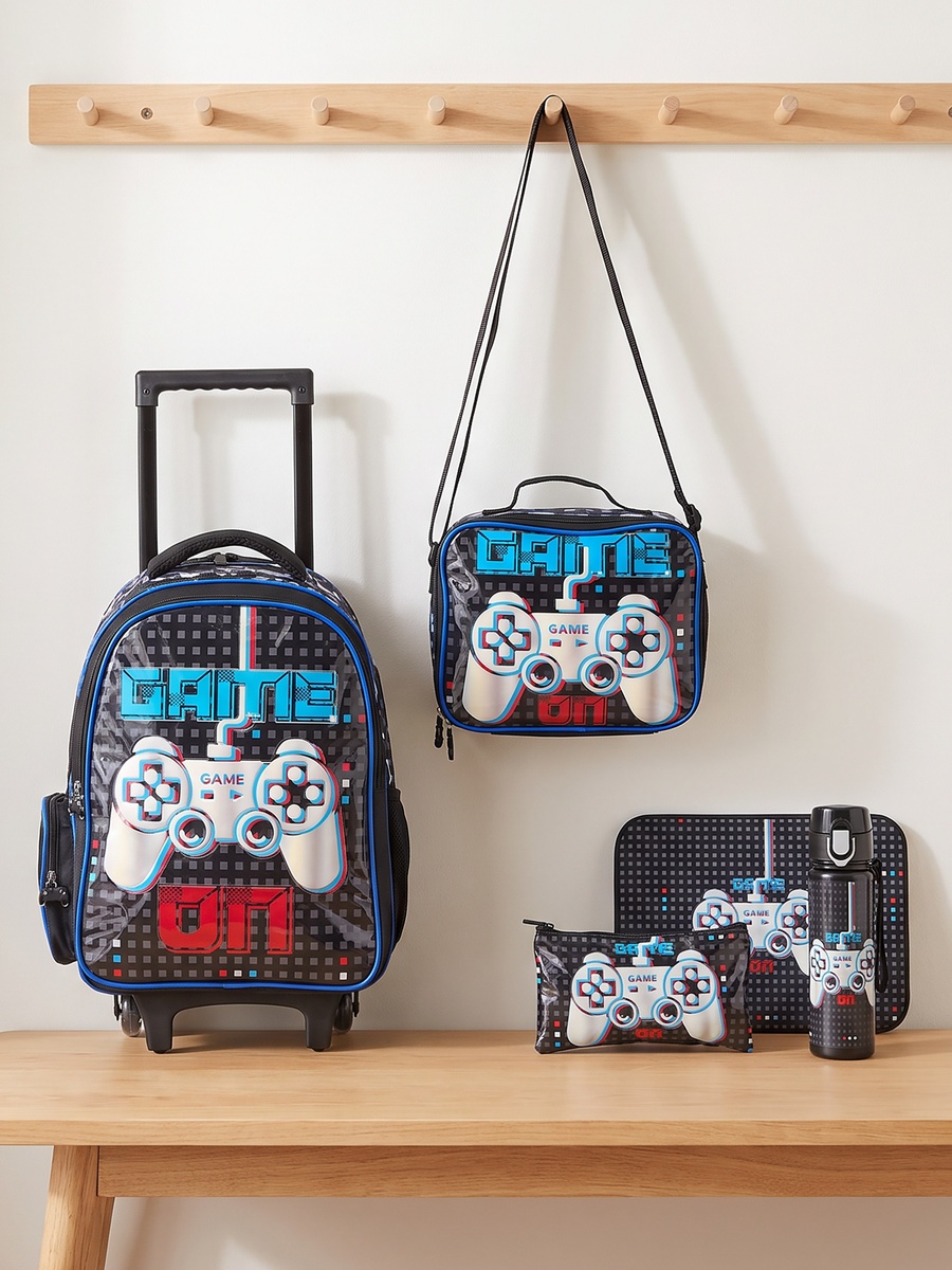 Game Print 5-Piece School Trolley Bag Set with Lunch Bag - 16 inches