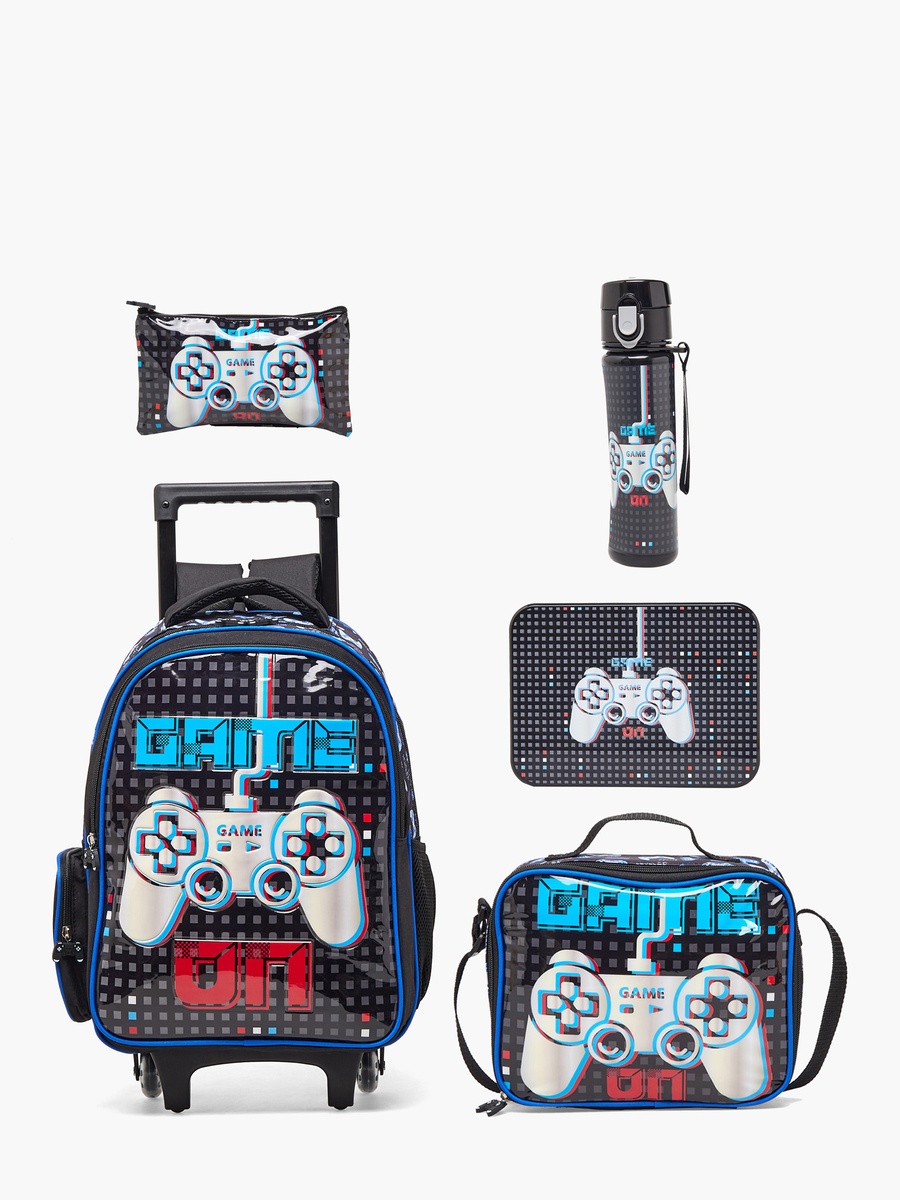 Game Print 5-Piece School Trolley Bag Set with Lunch Bag - 16 inches