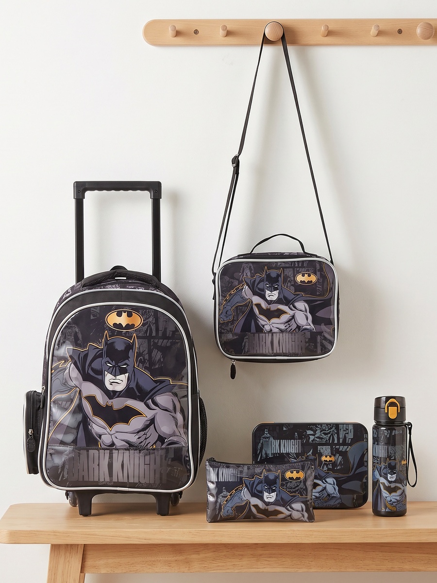 Batman Print 5-Piece School Trolley Bag Set with  Lunch Bag - 16 inches