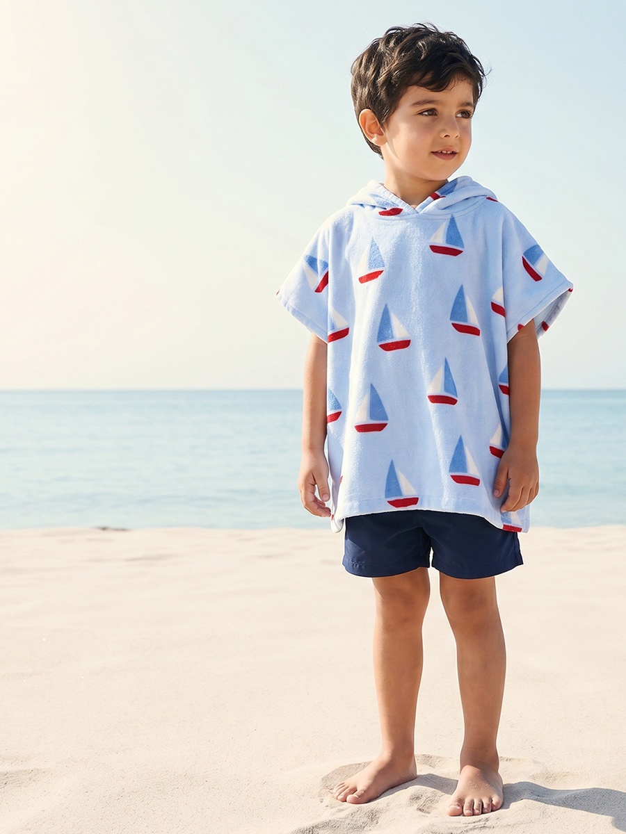 Cotton Hooded Short Sleeves Bathrobe with Boat Print