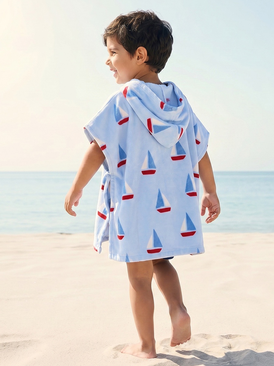 Cotton Hooded Short Sleeves Bathrobe with Boat Print