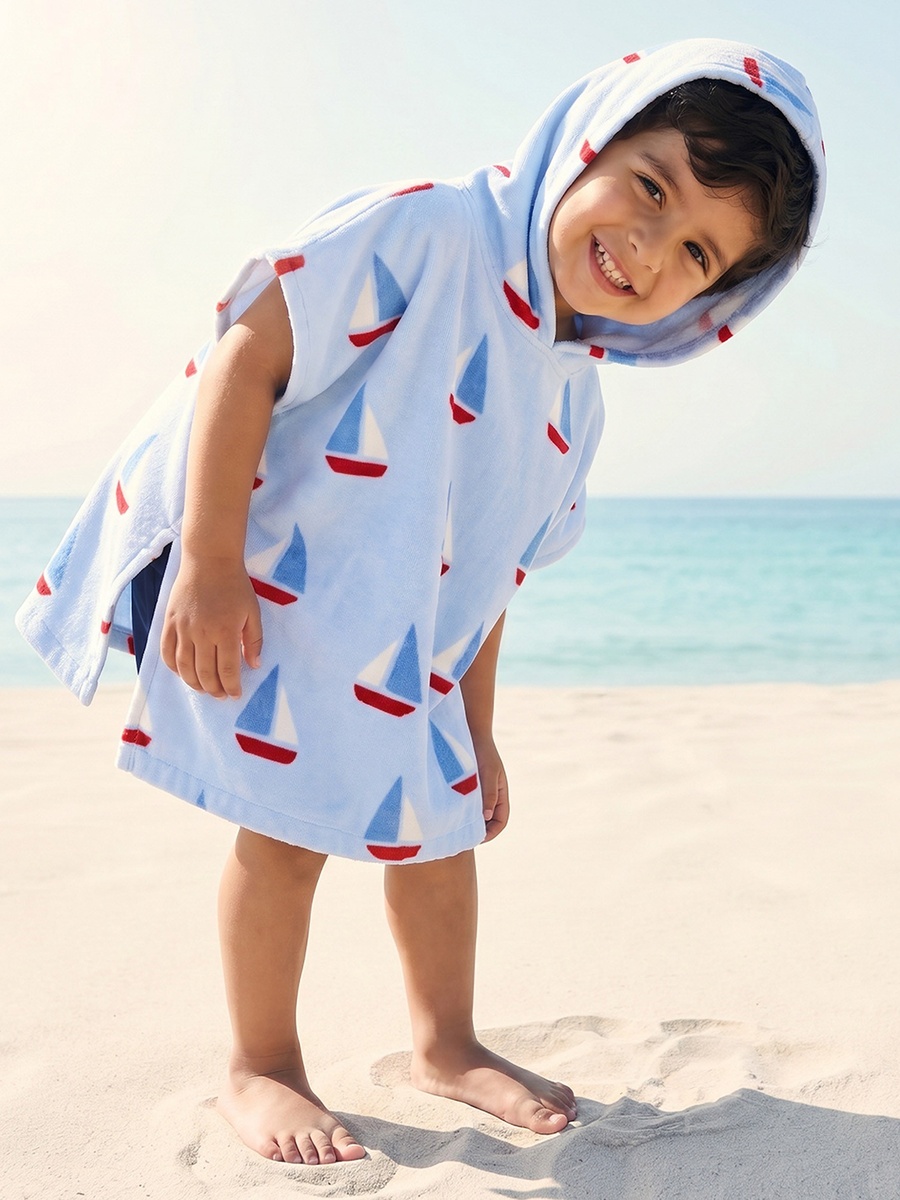 Cotton Hooded Short Sleeves Bathrobe with Boat Print