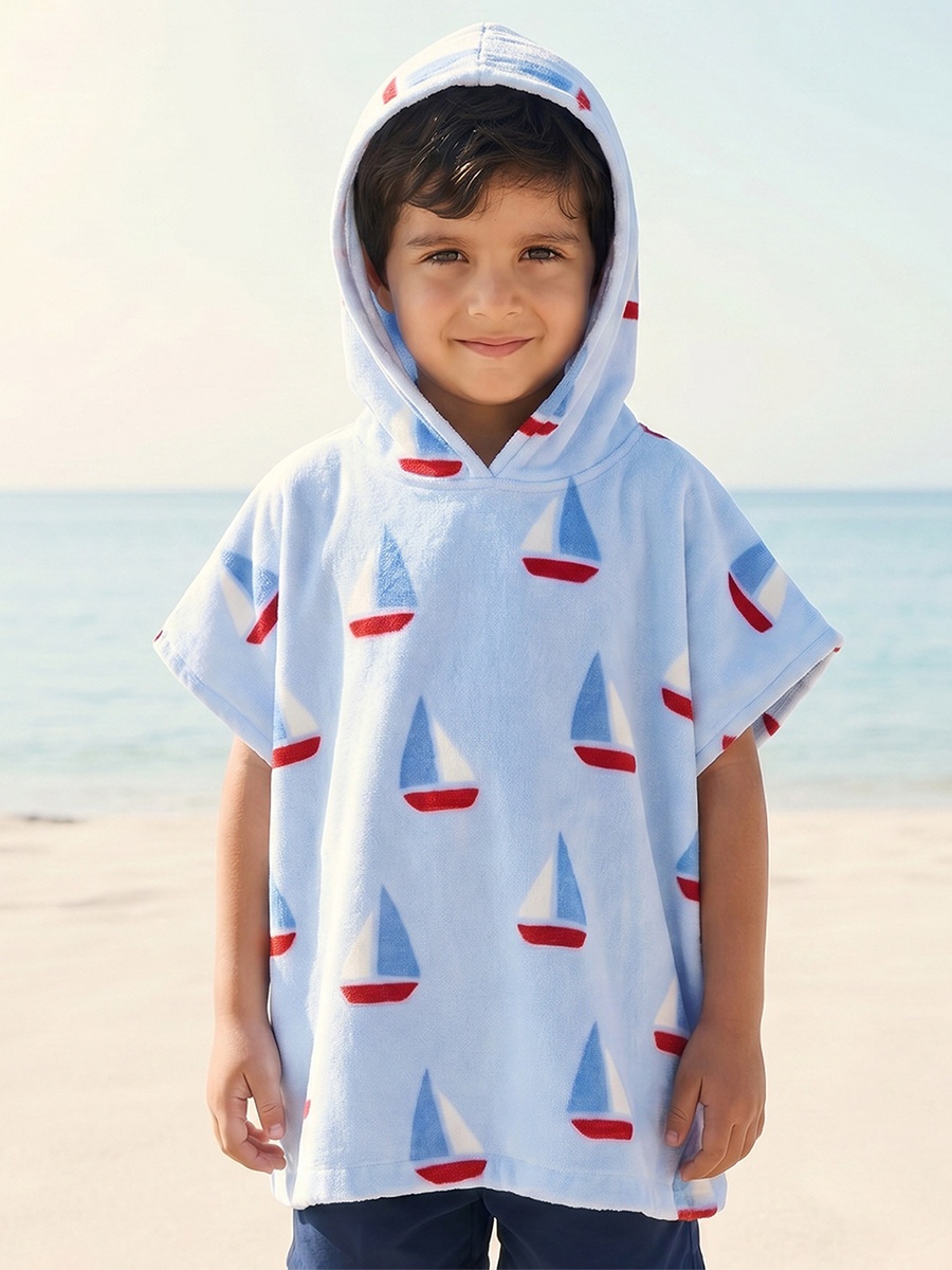 Cotton Hooded Short Sleeves Bathrobe with Boat Print