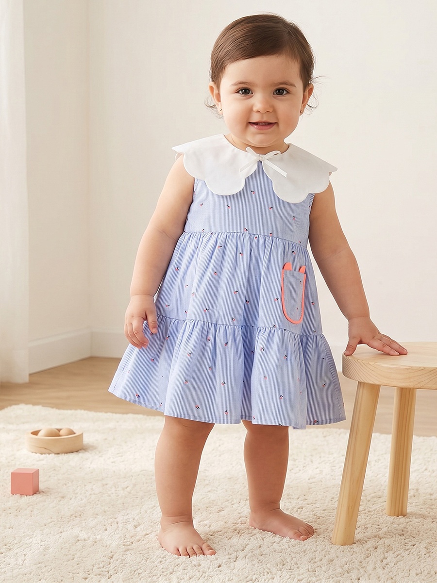 Collared Sleeveless Knee Length A-Line Dress with Striped Design