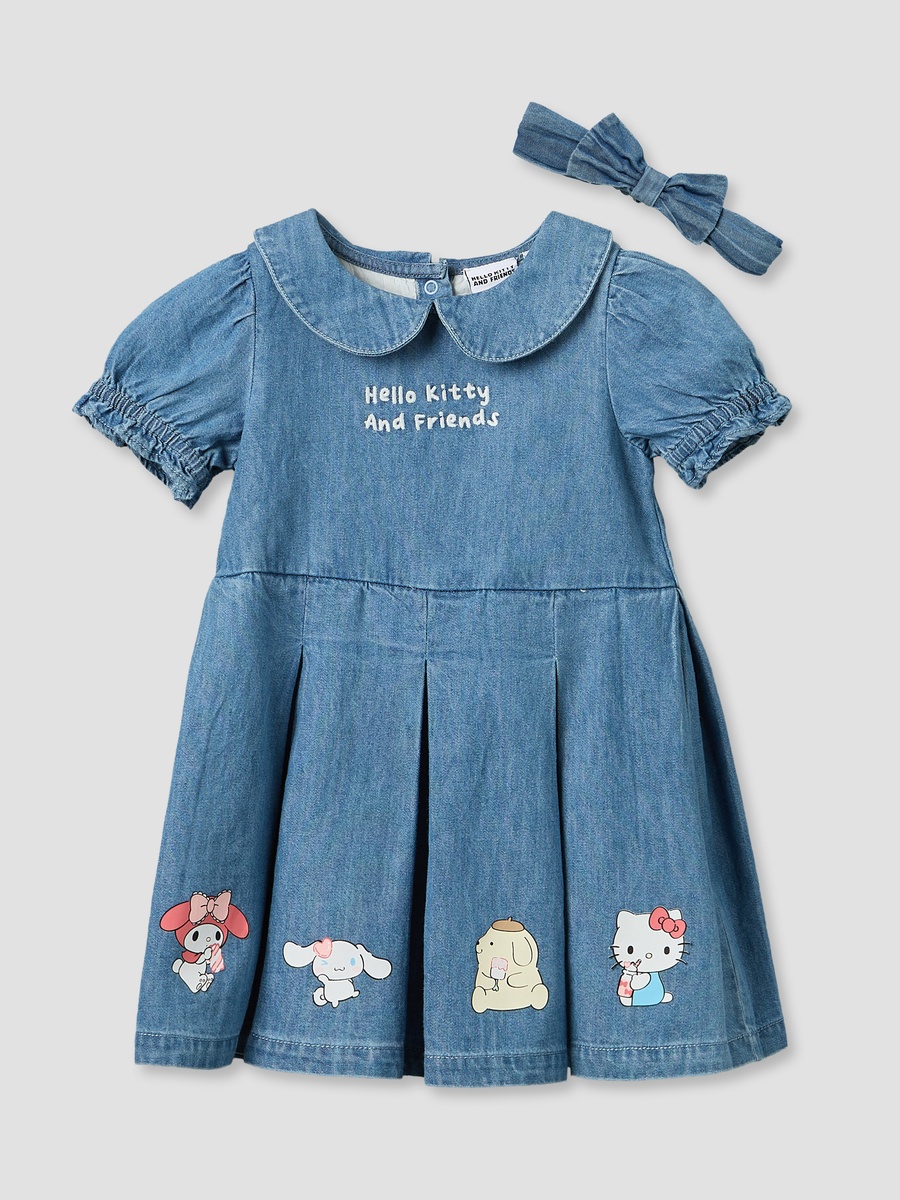 Peter Pan Collar Short Sleeves Knee Length Denim Dress with Headband