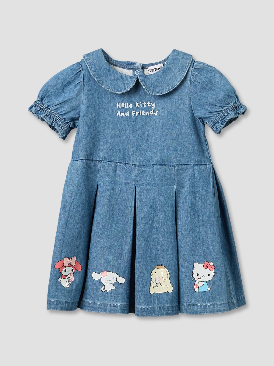 Peter Pan Collar Short Sleeves Knee Length Denim Dress with Headband
