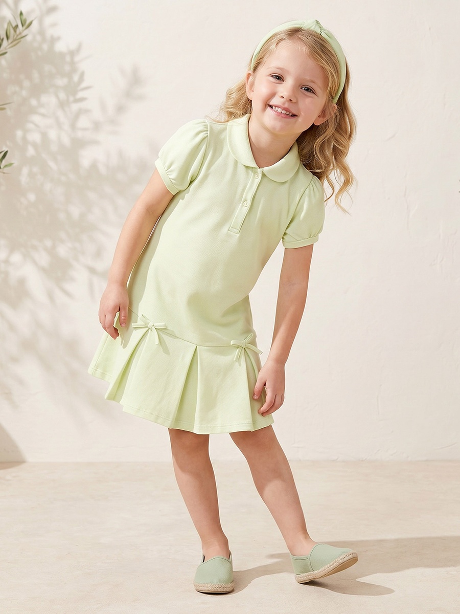 Collared Short Sleeves Knee Length Polo Dress with Bow Detail