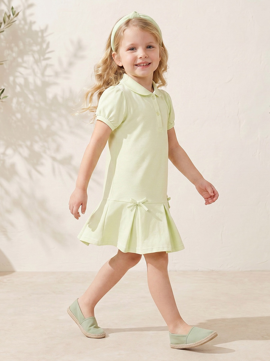 Collared Short Sleeves Knee Length Polo Dress with Bow Detail