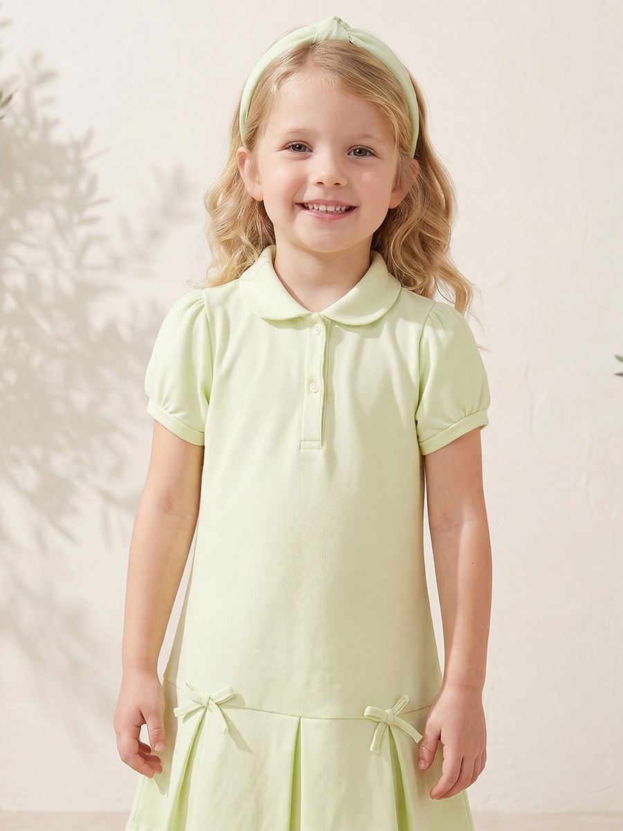 Collared Short Sleeves Knee Length Polo Dress with Bow Detail