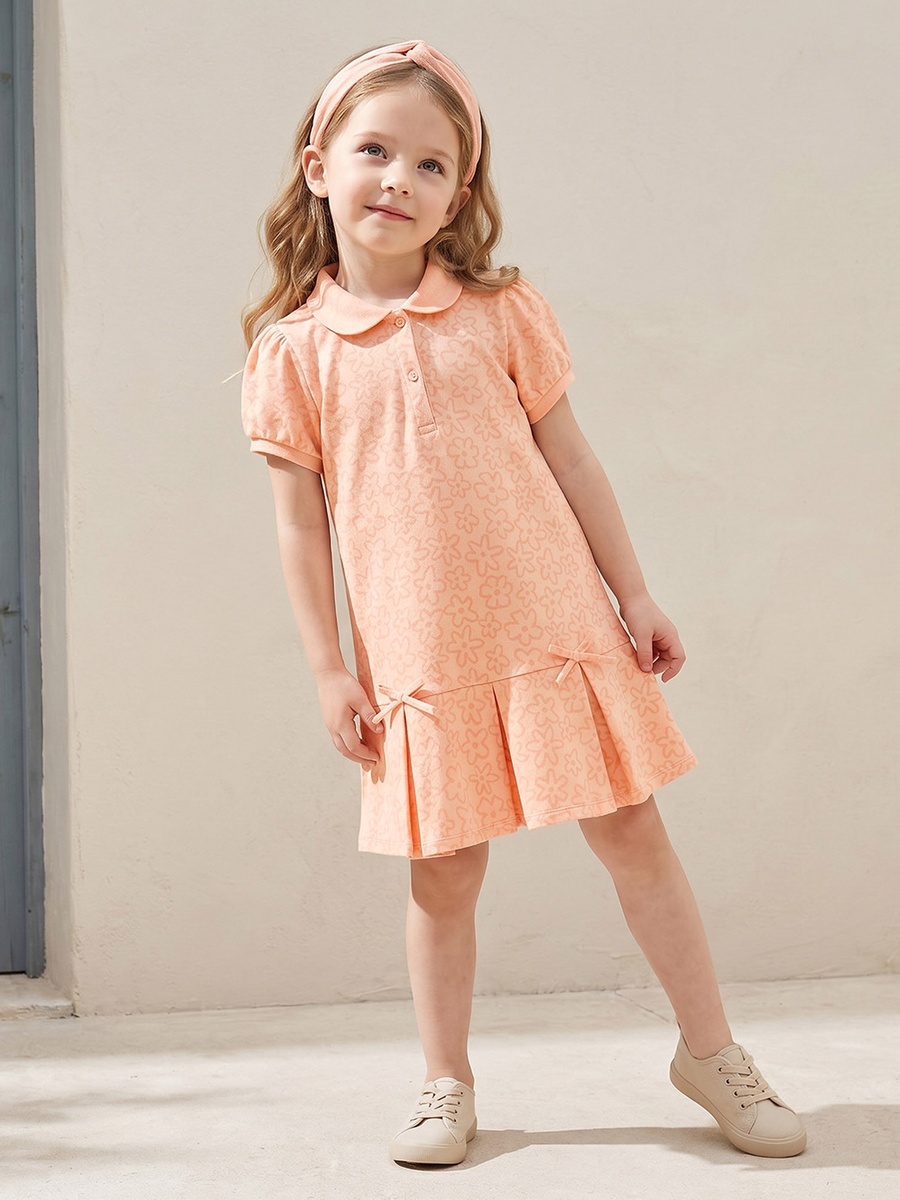 Collared Short Sleeves Knee Length Polo Dress with Floral Print