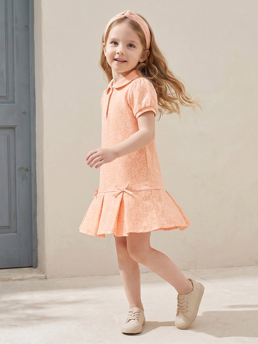 Collared Short Sleeves Knee Length Polo Dress with Floral Print