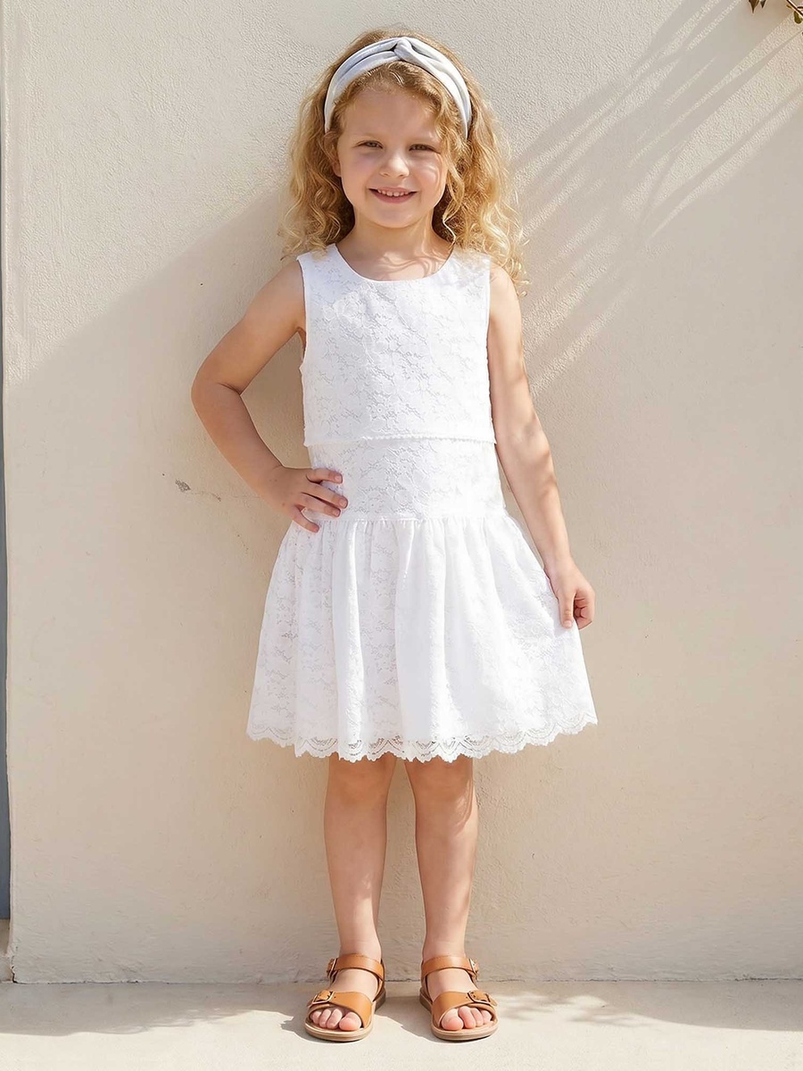 Round Neck Sleeveless Knee Length A-Line Dress with Lace Design