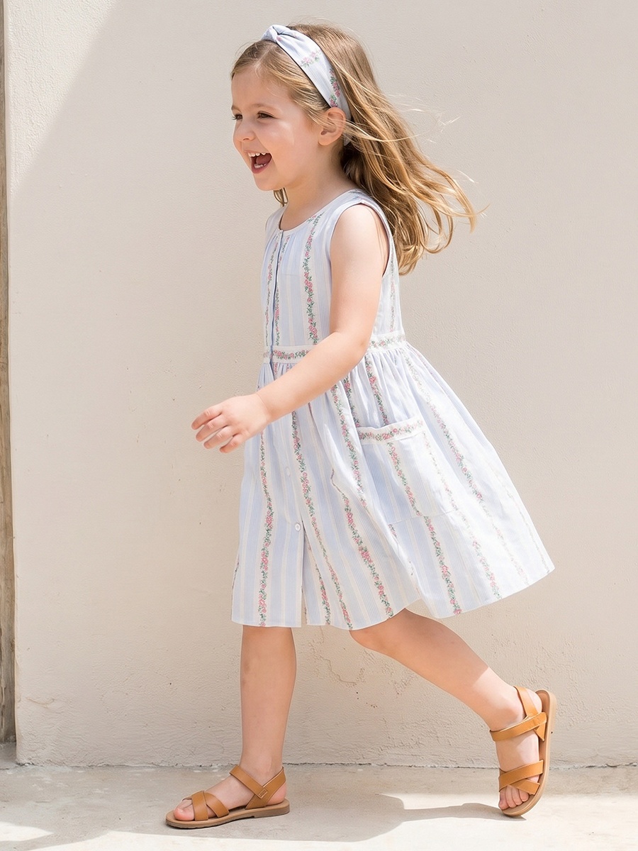 Round Neck Sleeveless Knee Length A-Line Dress with Floral Embroidery